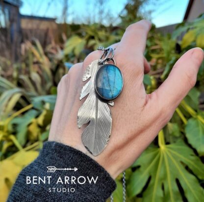 Labradorite Crow Feather Charm Necklace